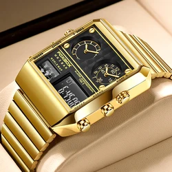 LIGE New Top Brand Fashion Square Digital Watches Waterproof Unique Golden Man Stainless Steel Wristband With Gift box