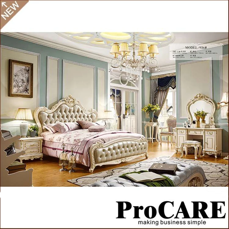 High Quality Bedroom Set Furniture Luxury Classic Style Wooden Carved Frame Leather King Size Bed