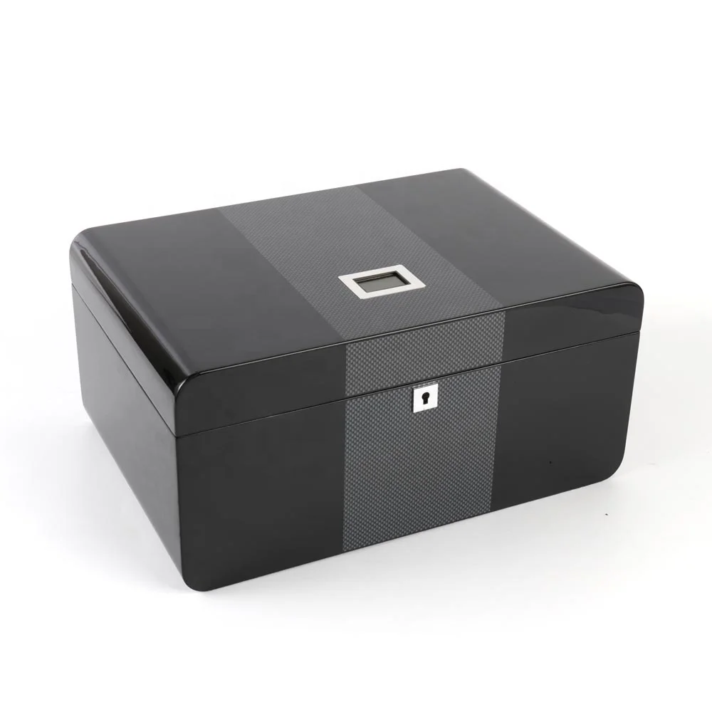 
FUREN Glossy Paint Black Silver Carbon Fiber Paper High-Grade Cohiba Cigar Humidor Storage Box with Electronic hygrometer 