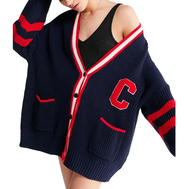 sweater Manufactory custom custom  v neck cardigan sweater women knit letter pocket long letterman cardigan varsity sweater