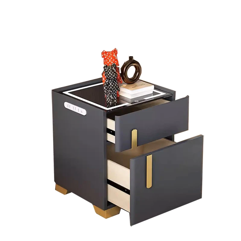 Modern built-in safe bedside table Touch sensing LED smart wireless charger speaker Fingerprint lock Bedside locker