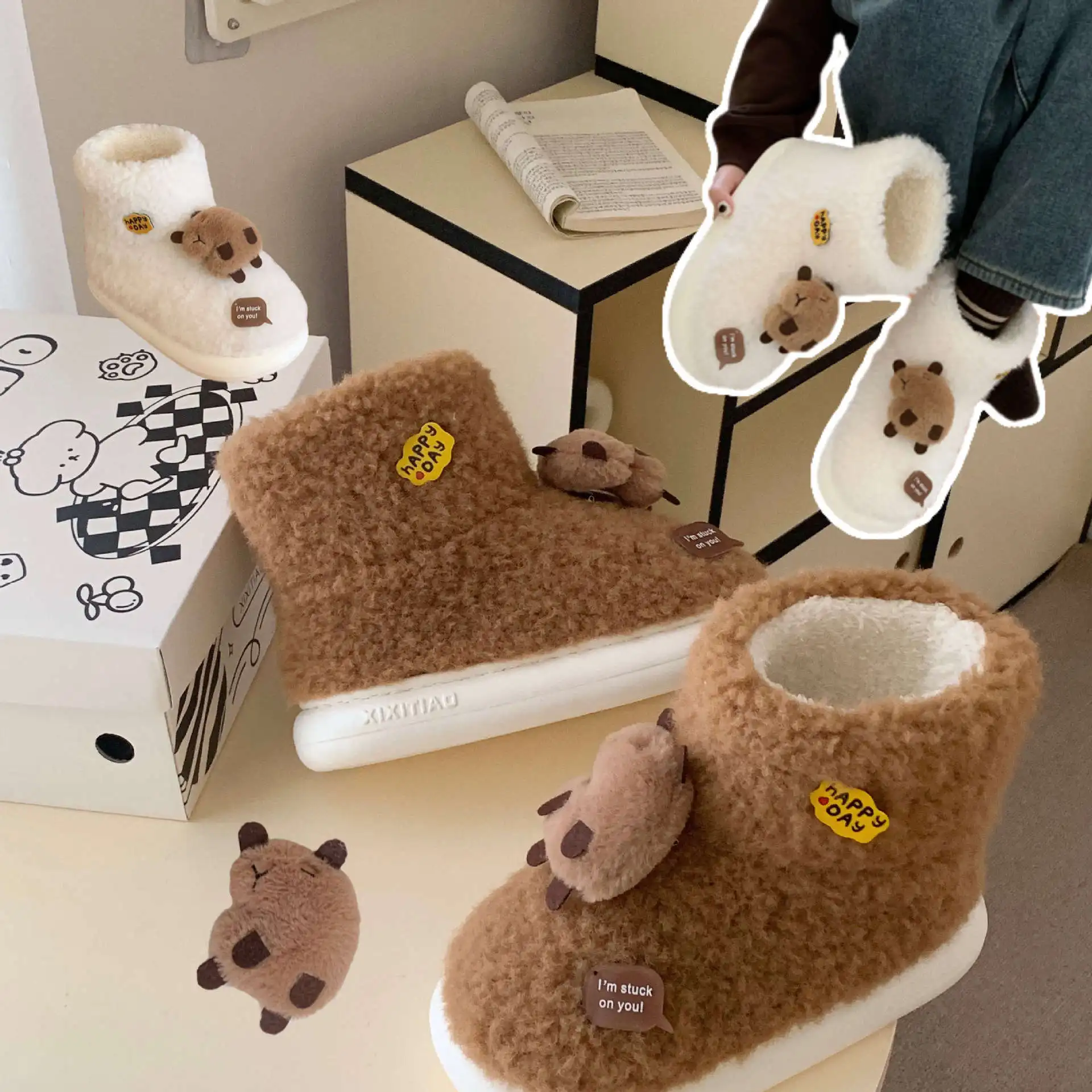 New Unisex Cozy Plush Cute Net Red Capibara Capybara Snow Boots Winter Warm Cotton Boots Thick Soles PP Cotton Filling Women