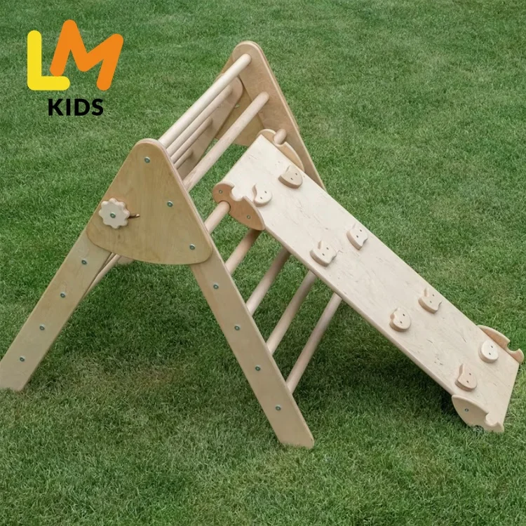 LM KIDS Wooden Montessori Kids Colorful Piklers Triangle with Arch Foldable Kids Triangle Climbing Frame with Baby Slide