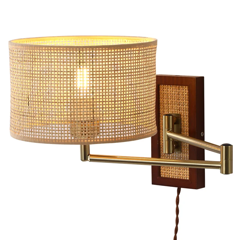 Modern luxury woven rattan creative long arm folding wall lamp living room headboard retro wall lamp with plug