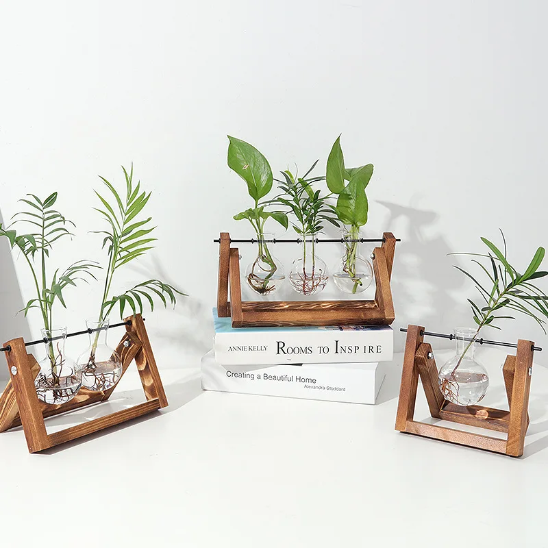 Creative tabletop decoration wood frame ins style unique retro vintage plants hydroponic ware small glass flower vase