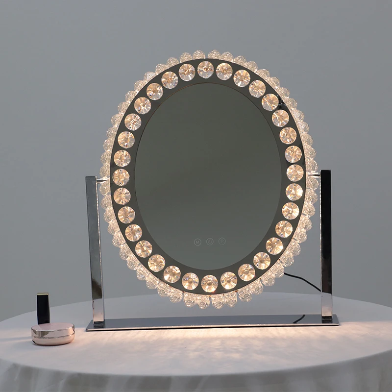 2022 NEW Arrival Oval Vintage Desktop LED lighted crystal makeup vanity mirror crushed diamond mirror