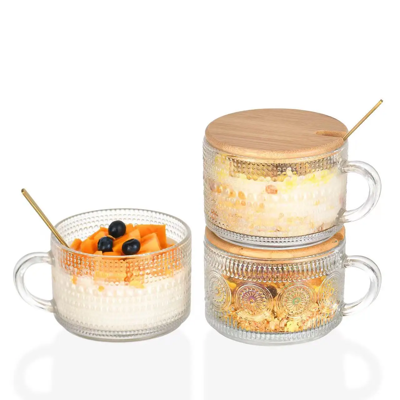 Wholesale 450ML Cereal Yogurt Beverage Sunflower Embossed Glass Coffee Mug Vintage Cup