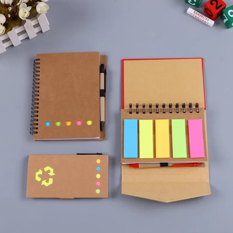 Kraft Cover Lined Spiral Notebook Steno Pads  with Bamboo Ballpoint Pen Page Marker Colored Index Tabs Small Pocket Notebooks