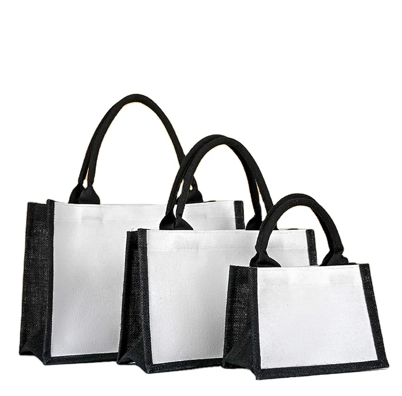Wholesale custom eco friendly black&white burlap bag beach colored jute reusable tote shopping bag