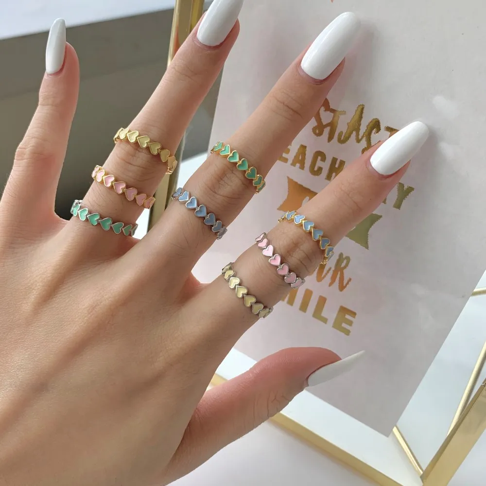 New Fashion Candy Color Drop Glue Enamel Love Cute Enamel Heart Rings 925 Sterling Silver Heart Shaped Ring