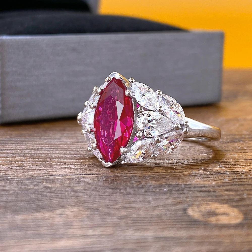Fine Jewelry 925 Silver Gold Plated Lab Grown Ruby Rings for Women Marquise Cut Red Ruby Cocktail Ring