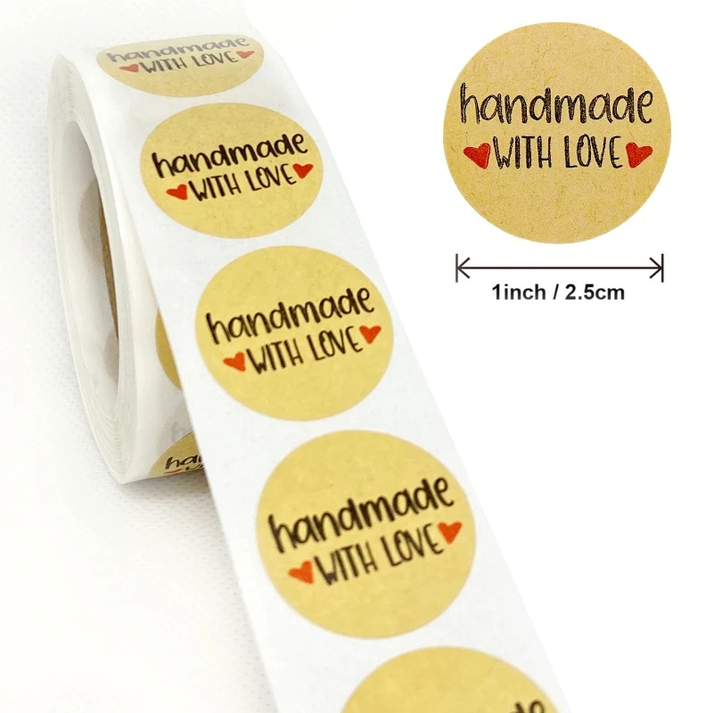 1 Inch Round Natural Kraft Paper Handmade with Love Stickers Total 500 Adhesive Labels Per Roll