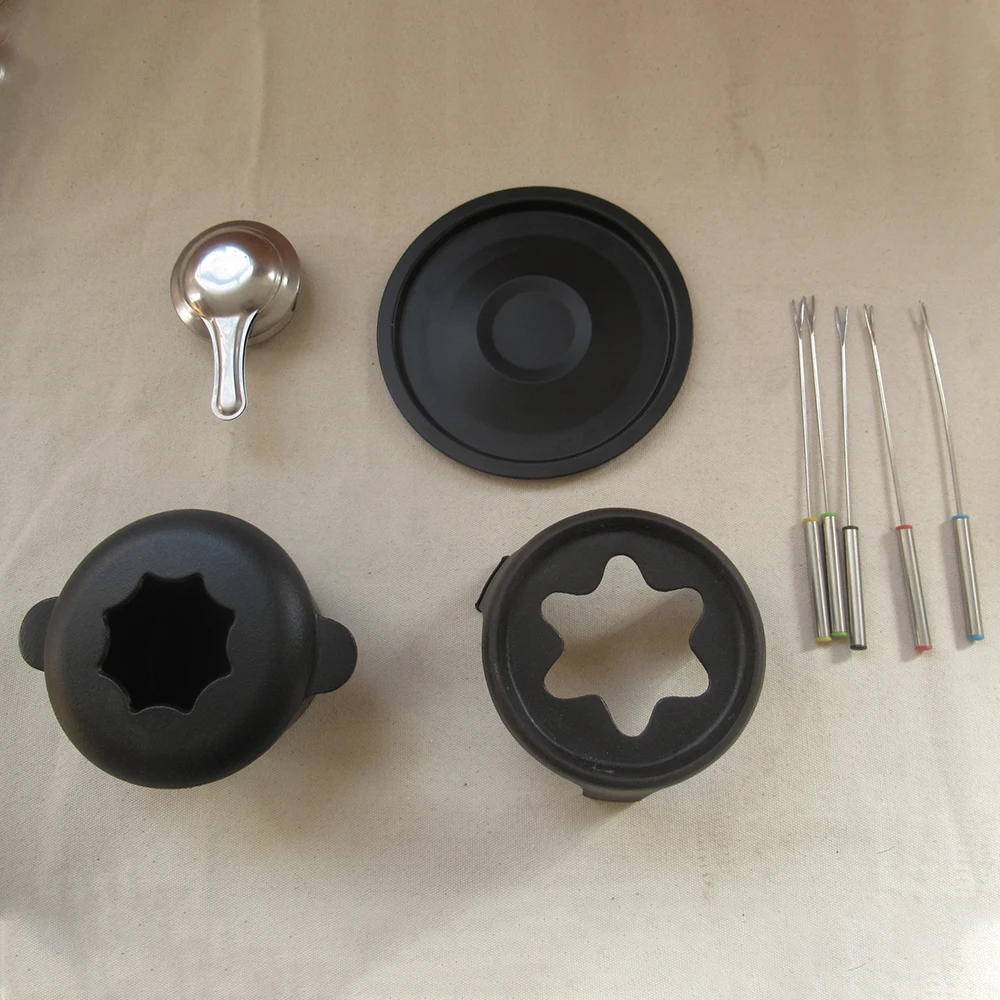 Hot Sale Black Pre-seasoned /Enamel Cast Iron Mini Fondue Sets With 6 Fondue Forks Included For Cheese Or Chocolate Fondue