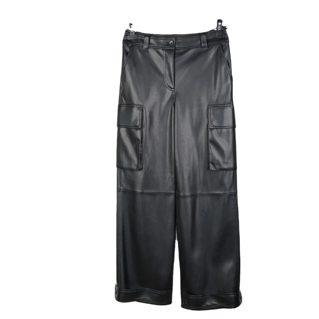 High Quality PU Casual Workwear Pants Women Fashionable Mid-Waist Skinny Cargo Pants Flat Front Solid Pattern Pockets Office Use