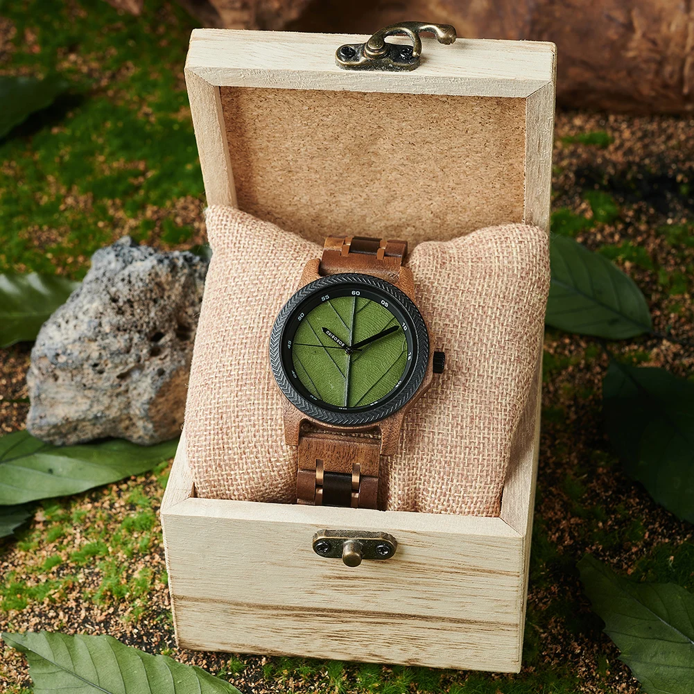 Handmade Luxury Wood Watch with Custom Logo 44mm round Dial and 22mm Band Charm Type with Pointer Display for Men