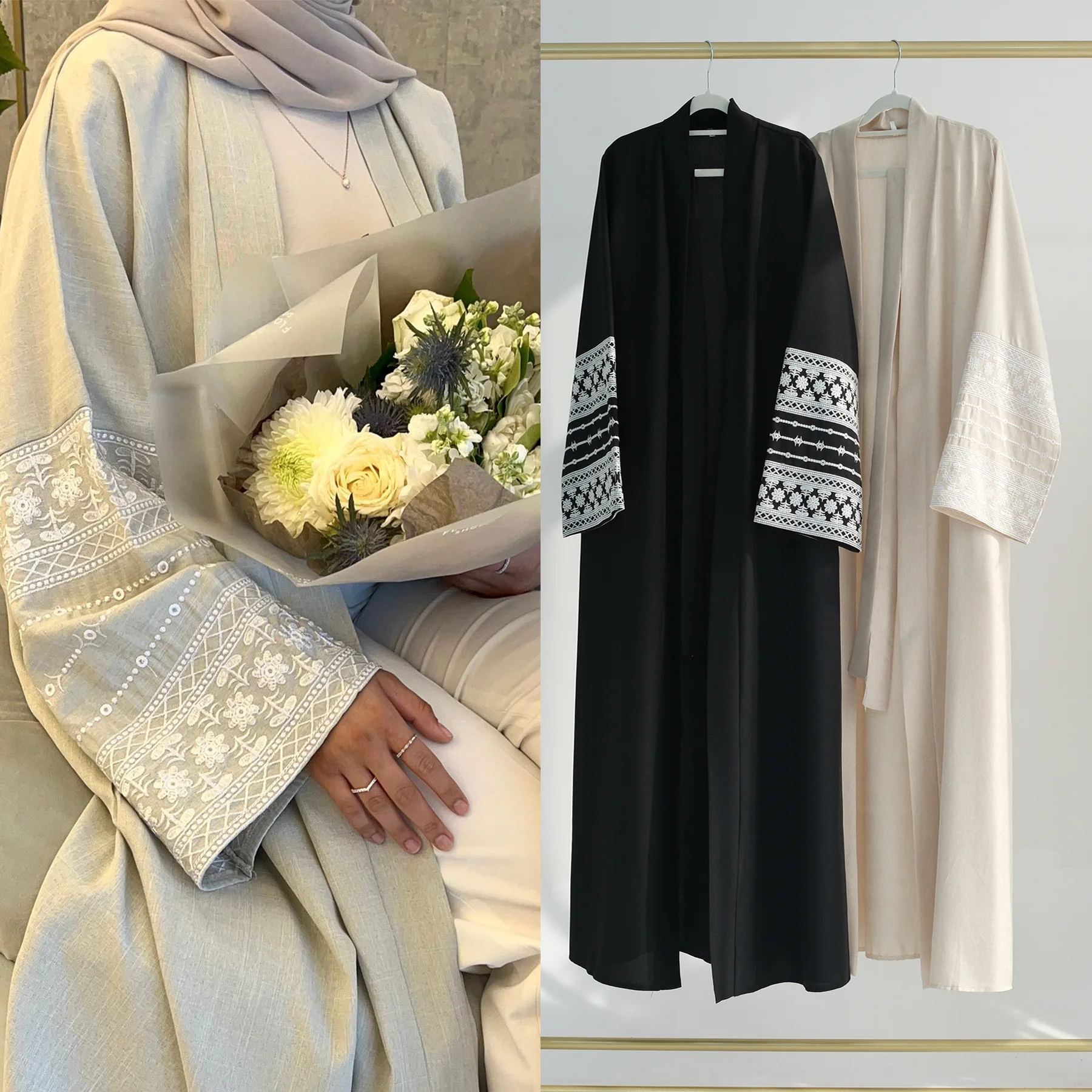 2024 Latest Turkey EID Modest Dubai Abaya for Girl Kimono Muslim Women Dress Luxury Floral Embroidery Sleeves Linen Open Abaya
