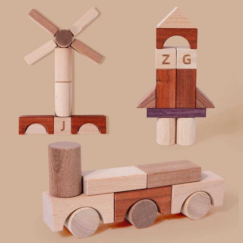Natural chain block Wood DIY building block sets construction toy math learning toy wooden building blocks sets for kids