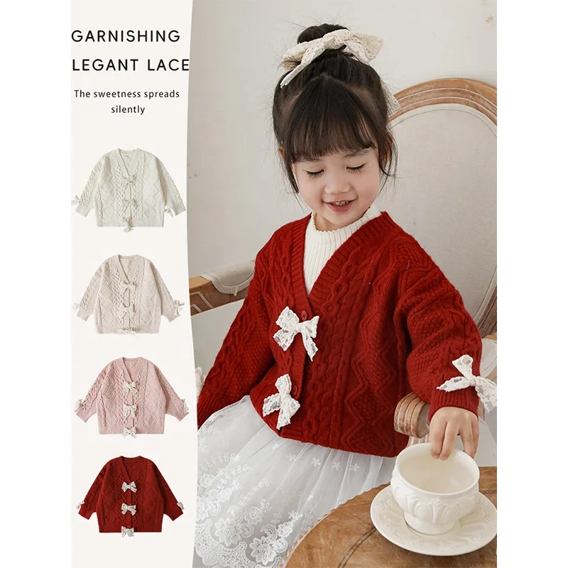 Factory Custom Wholesale Red White Pink Button-up Cable Knit Toddler Girls Baby Sweater Knitwear Kids Cardigan With Bow