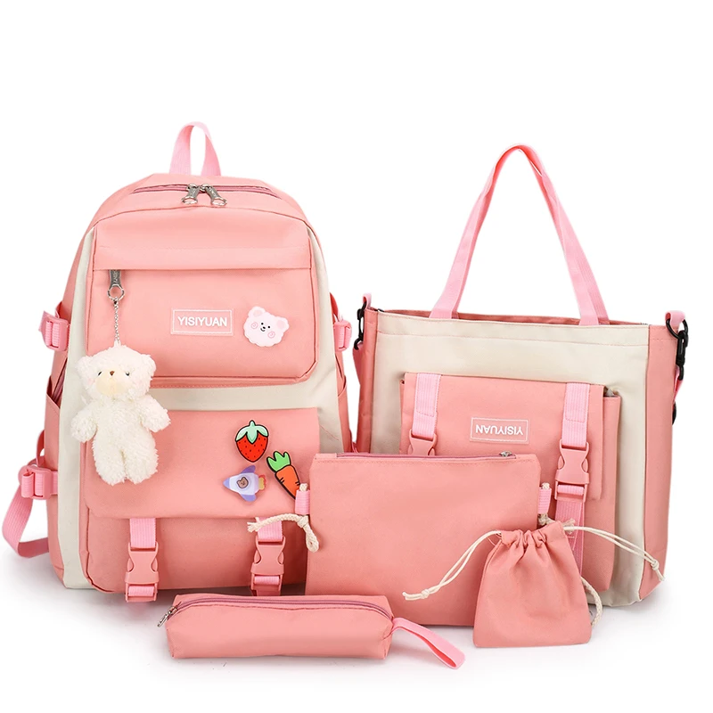 Hot selling fashion  travel school bag women girls student 5 pcs backpack set colorful