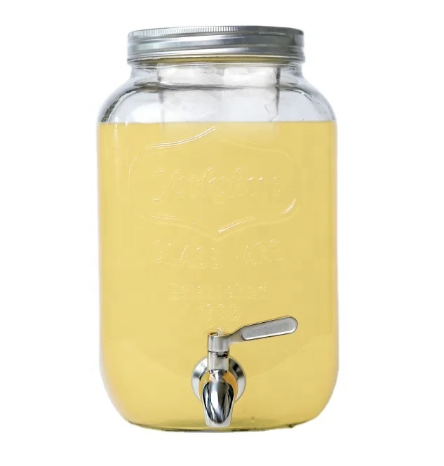 Wide Mouth Square 2 Gallon Glass Water Dispenser 8 Liters Mason Jar With Tap and Metal Lid