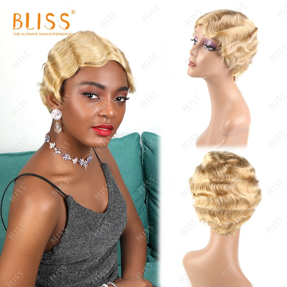 Bliss Finger Wave Wigs 613 White Golden Blonde Wig Short Pixie Cut Blonde Real Remy Human Hair Wigs for Black Women