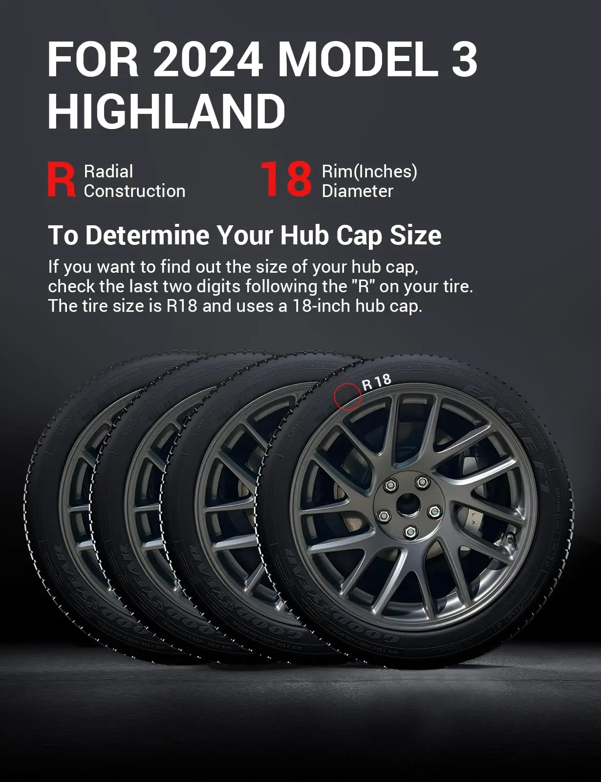 18 Inch Cyclone Style Hubcaps Hub Caps OEM Rim Protector Replacement Matte Black Wheel Cover for 2024 Tesla Model 3 Highland