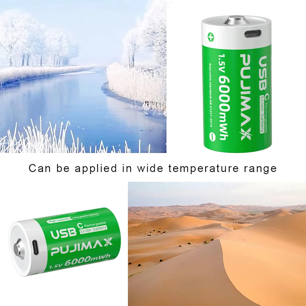 PUJIMAX Constant Voltage C Size Lithium Ion Battery 6000mWh 1.5V Type C Charging Rechargeable Batteries USB C Li Ion Battery