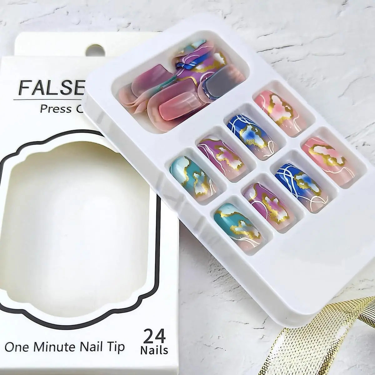 Colored Gradient Irregular Pattern French Press on Nail Long 24Pcs Square Fake Nail Full Cover False Nail Manicure for Women