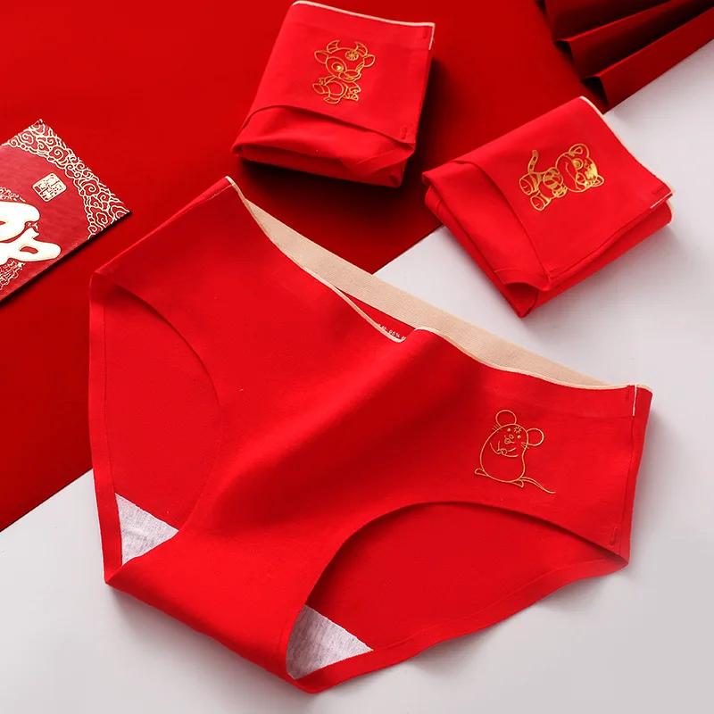 2020 latest ladies red knickers Chinese zodiac design printing underwear fancy panties cotton woman