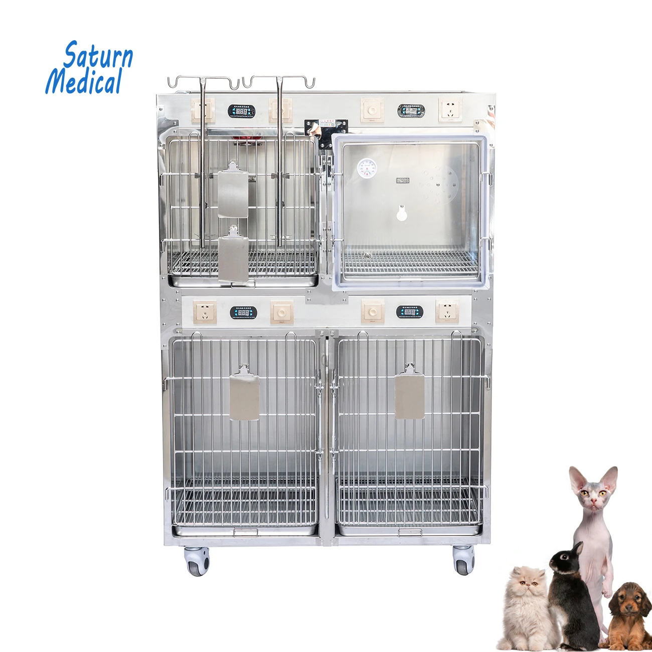 Stainless Steel Portable medical oxygen therapy treatment Small animal veterinary pet clinic cage with IV pole for dogs cats