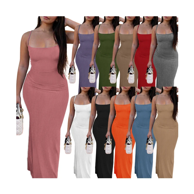 Women Clothing Casual Dresses Trendy Solid Spaghetti Knitted Dress Bodycon Maxi Long Ribbed Dress For Women