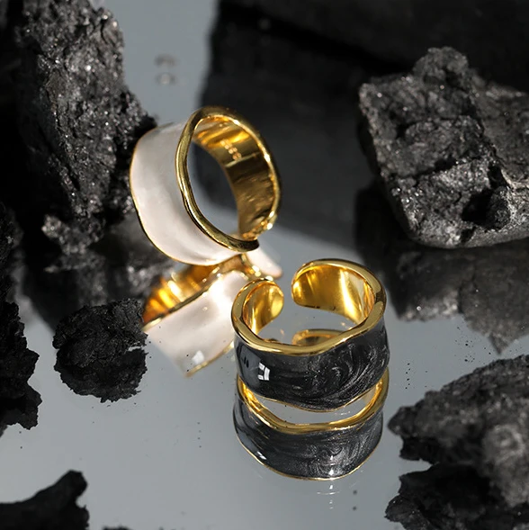 Hot Sell 925 Sterling Silver Large Enamel Ring Adjustable Gold Plated Geometric Silver Ring