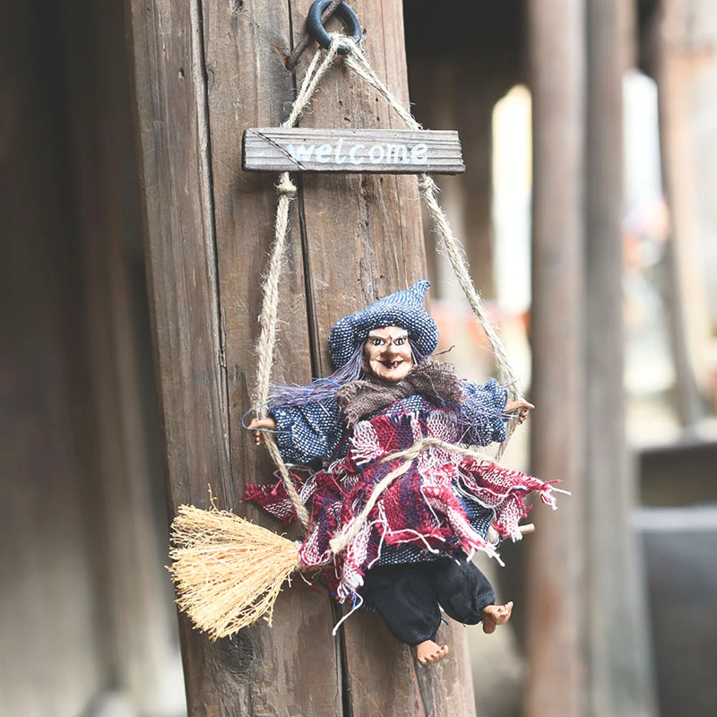 Hot Sale Halloween Pendant Ornaments Ghost Doll Horror Scary Hanging Decoration Flying Witch Broom