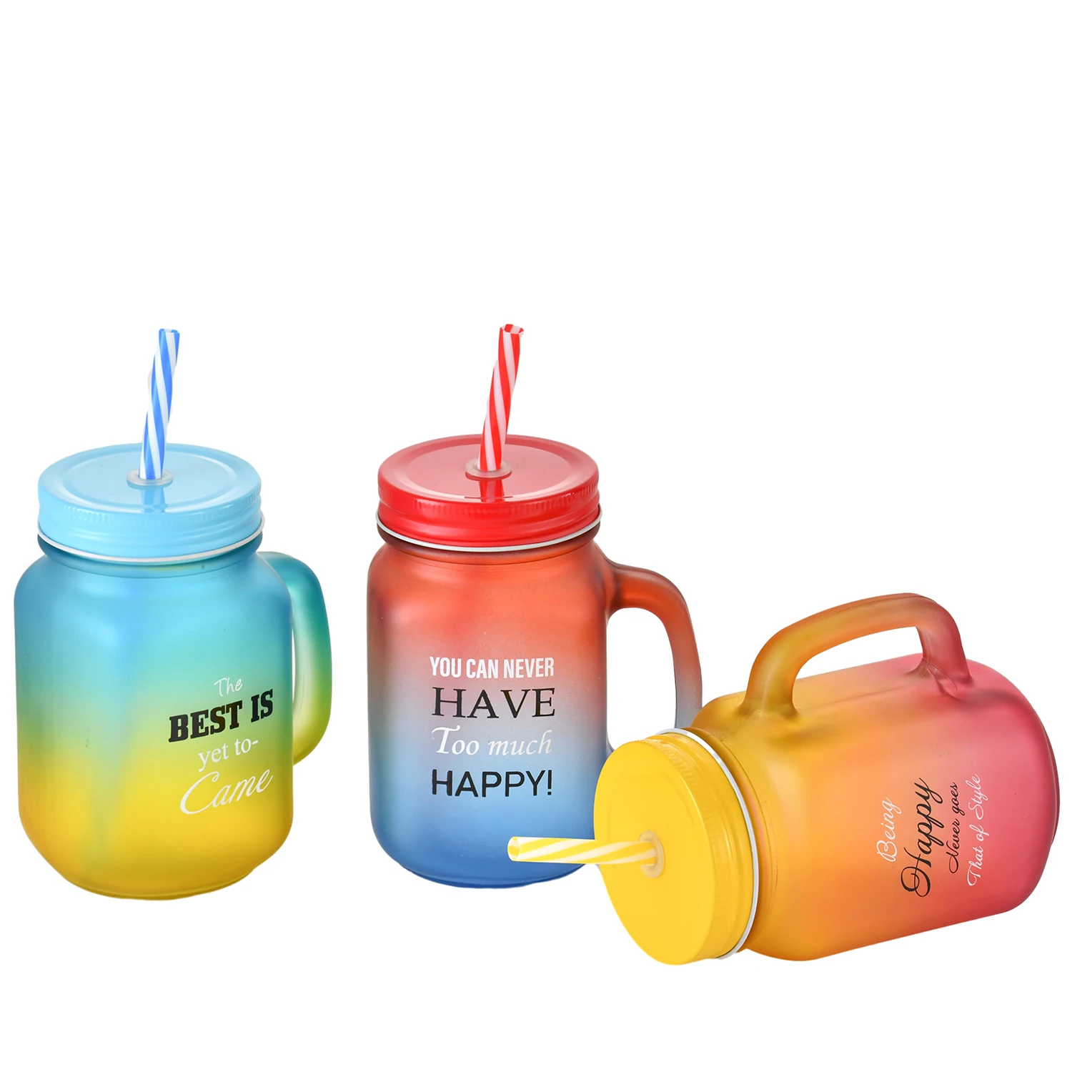 The New Listing 500ml Colored Black Frosted Glass Mug Mason Jars With Black Metal Lid And Straws