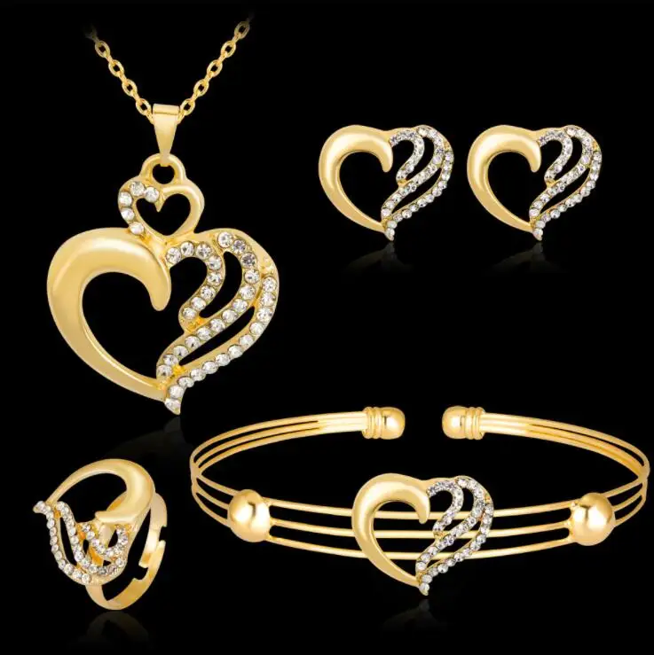 Fashion Austrian Crystal Love Heart Jewelry Sets for Women Necklace Earrings Bangle Ring Bridal Wedding Sets