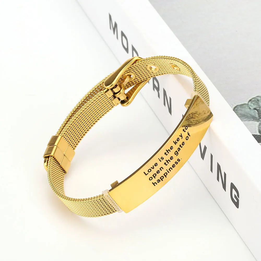 Hotsale stainless steel adjustable meshchain bracelet engravable ID and letter chain bracelet for men and women