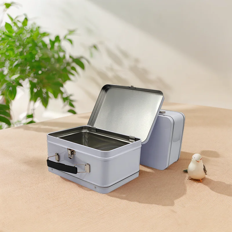 Wholesale Black White Rectangle Metal Tin Lunch Box for Kids Printable Lock Storage Container with Handle for Food Packaging