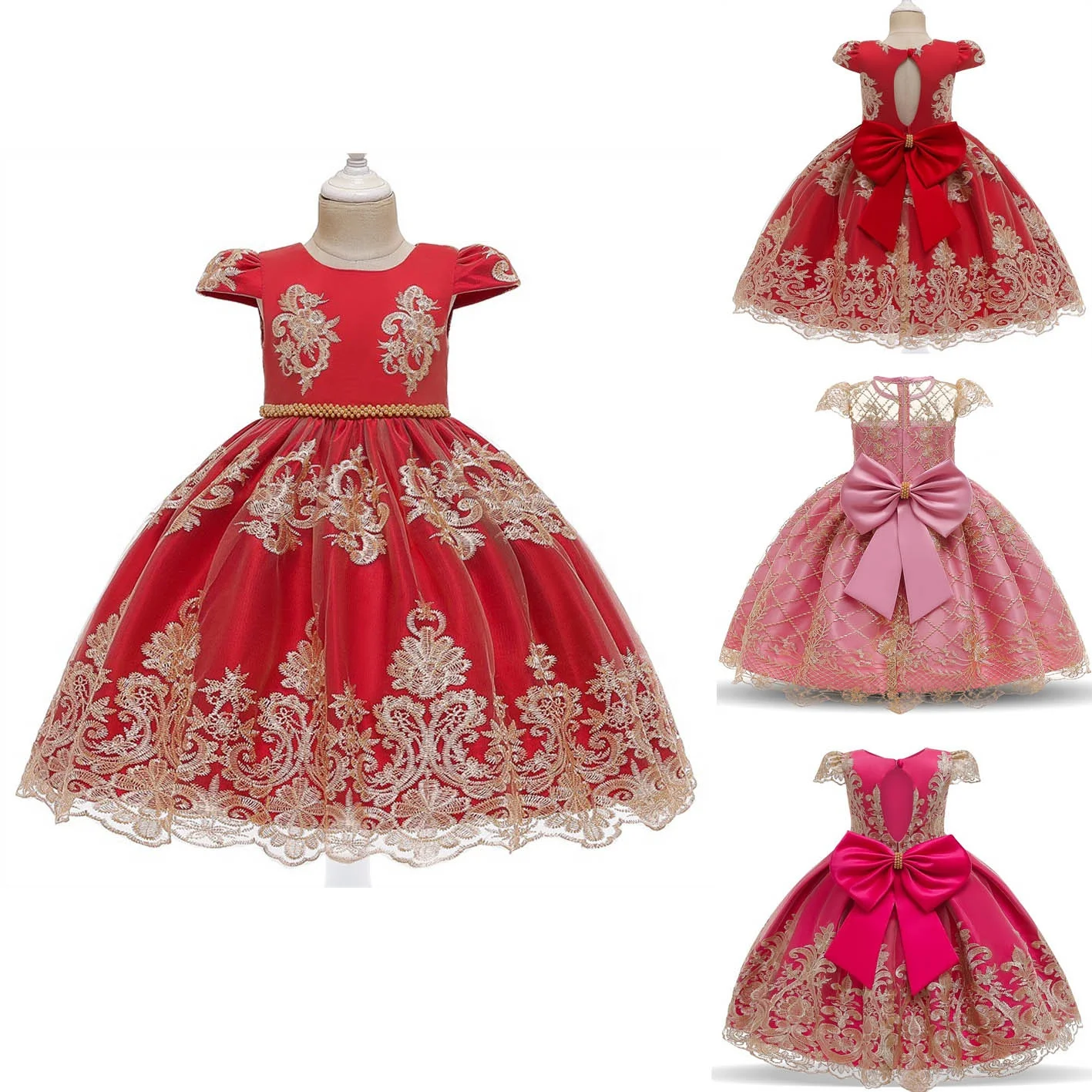 2022  0-10 years Baby Girl Dresses Party Big Bow Flower Princess Embroidery Frock designs Lace Beaded Prom Kids Wedding Dress