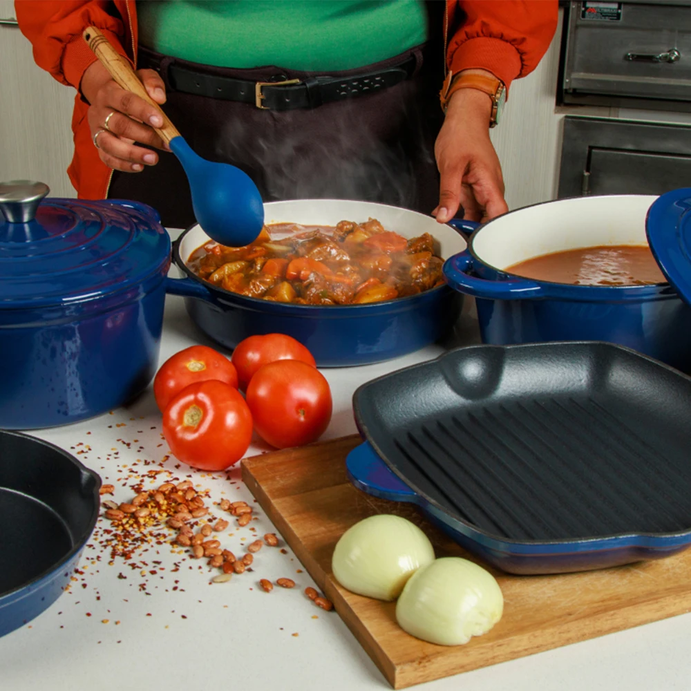 Bright Houseware OEM Custom Hot Selling 24cm Dutch Oven with Lid Non Stick Square Grill Pan Blue Enamel Cast Iron Cookware Set