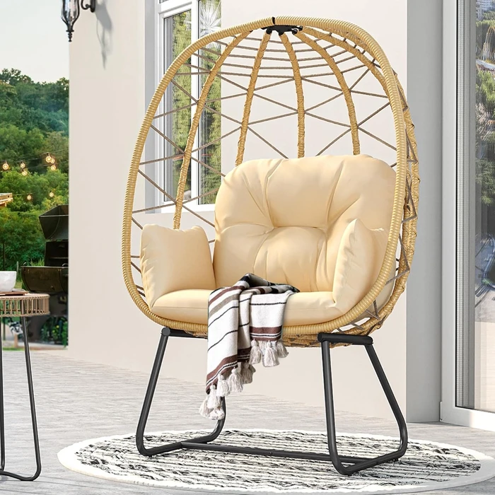 Beige Wicker Sillas PE Rattan Outdoor Indoor Egg Lounge Chair with Stand for Patio, Garden, Backyard, Porch