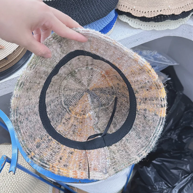 Fashion Mens Winter Wool Felt Knitted Stripe Bucket Hat Unisex Outdoor Windproof Fleece Hat