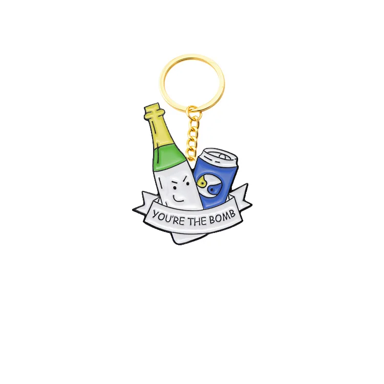 Wholesale Manufacture Wine Bottle Enamel Keychain Custom Logo Cartoon Soda Series Brooch Interesting English   Key chain Keyring