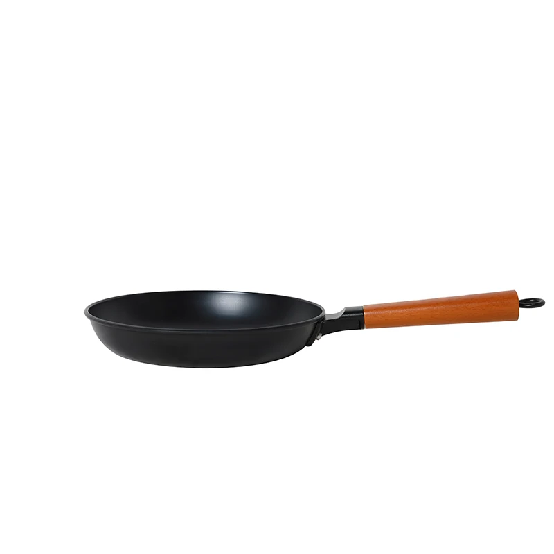 Wholesale 24cm Carbon Steel Nitriding Frying Pan 1.3mm Thick PFOA-Free Preseasoned  For Kitchen with Wooden Handle
