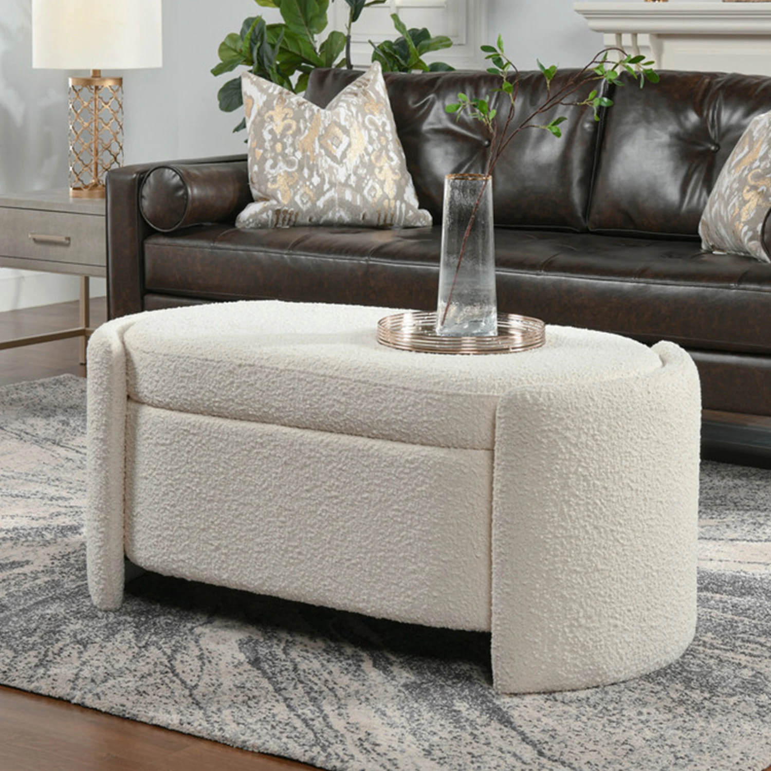 Oval Shape Teddy Fabric Modern design Wooden Frame Entryway storage Pouf Ottoman Bench