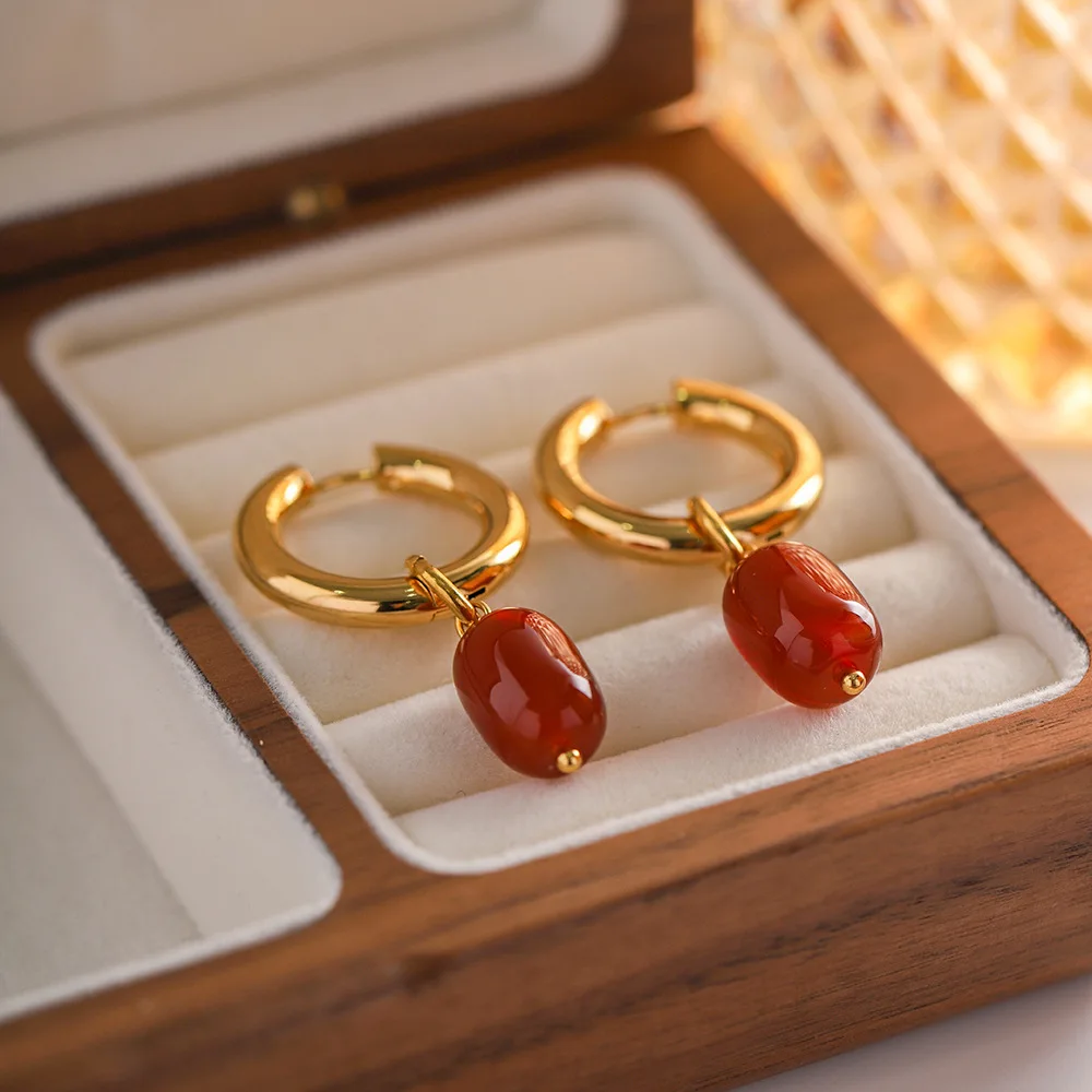 Trendy jewelry wholesale gold plated natural gemstone ruby red agate stone pendant drop stainless steel earrings for woman