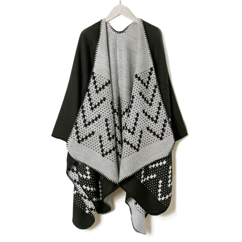 Large cashmere double side shawl geometric jacquard printed pocket thermal soft trim hood cape
