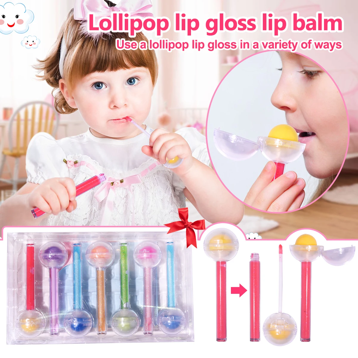 Private Label Clear Custom Fruit Glitter Make up Wholesale Kids Lip Oil Set Lollipop Lip Balm Vegan Lip Gloss