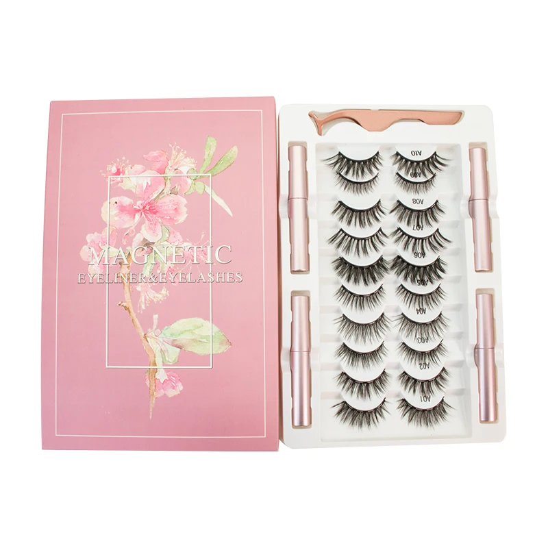 Droshipping 10 pair black natural look silk synthetic fiber magnetic eyelashes with eyeliner set