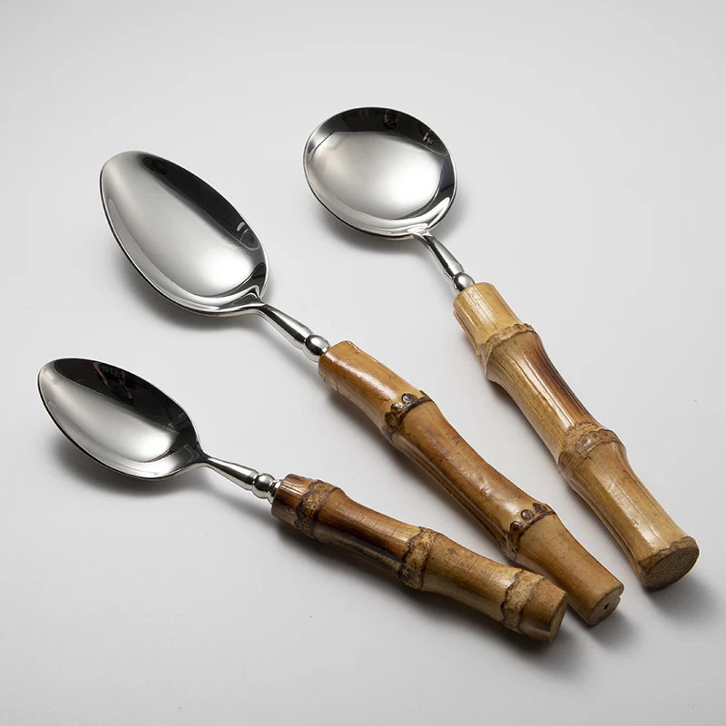 Wholesale Home Mirror Polished 304 Silver Spoons Forks And Knives Original Bamboo Cutlery Set
