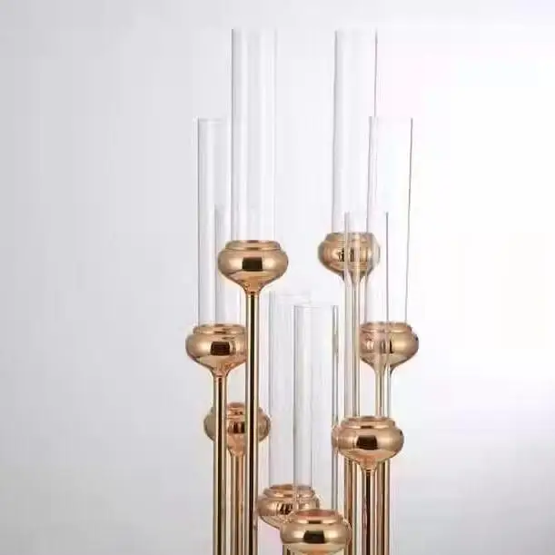 Zhuoyun 8 Arms Glass Tube Candle Stick Wedding Decoration Table Centerpiece Metal Gold Candelabra